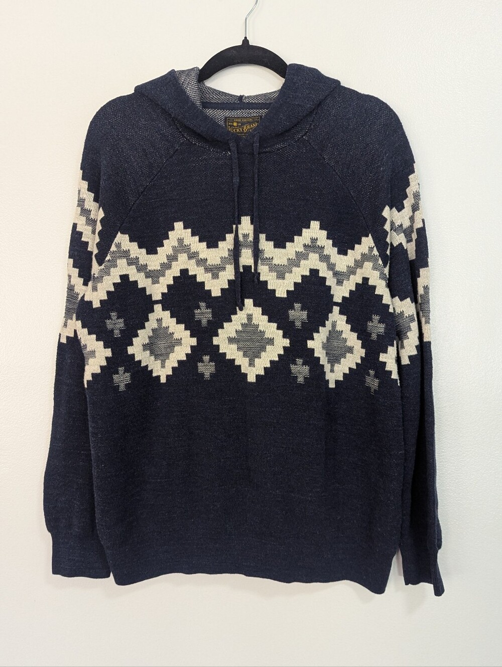 Lucky Brand Southwestern Aztec Geometric Knit Hoodie Sweater Navy XL
